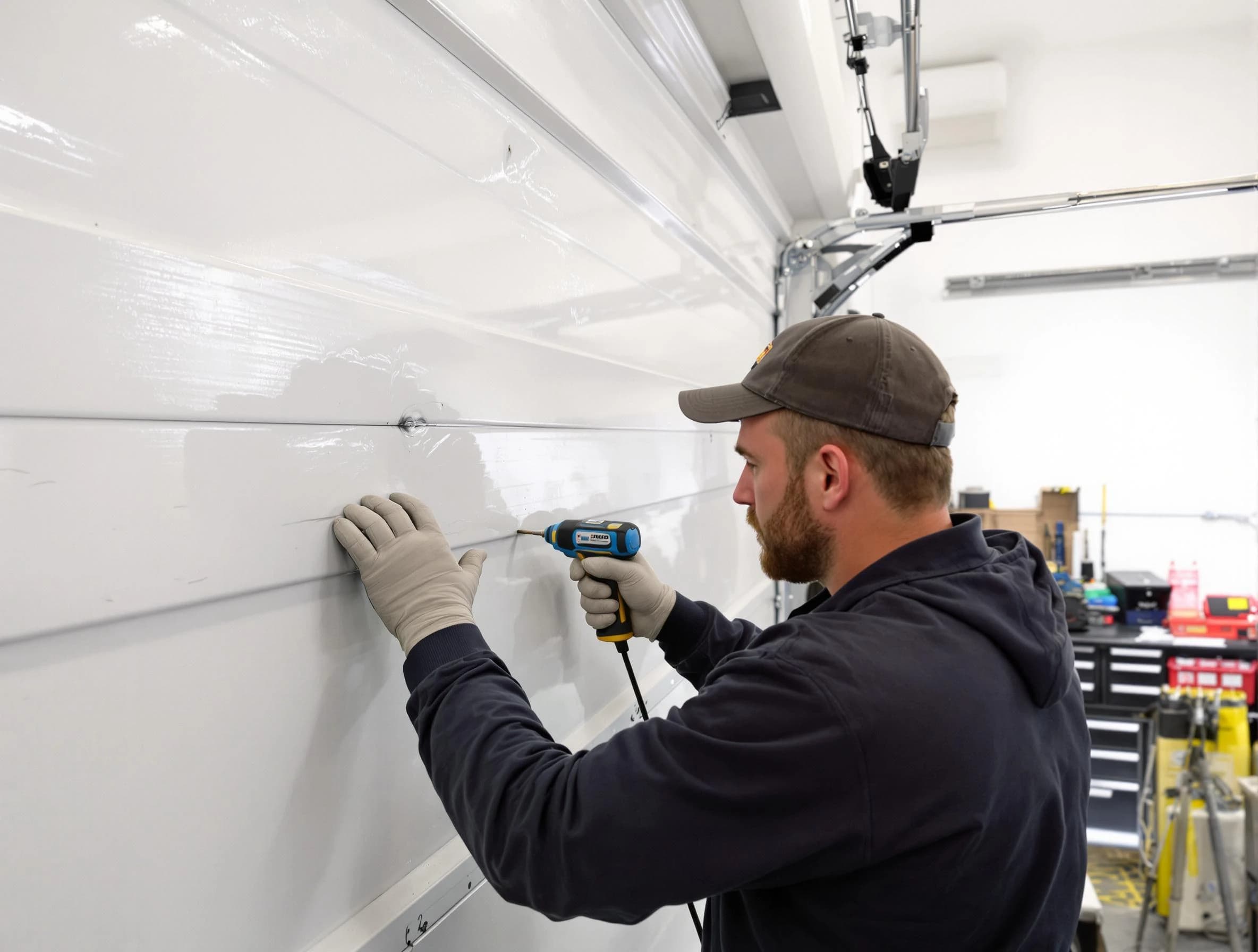 Clanton Garage Door Repair technician demonstrating precision dent removal techniques on a Clanton garage door