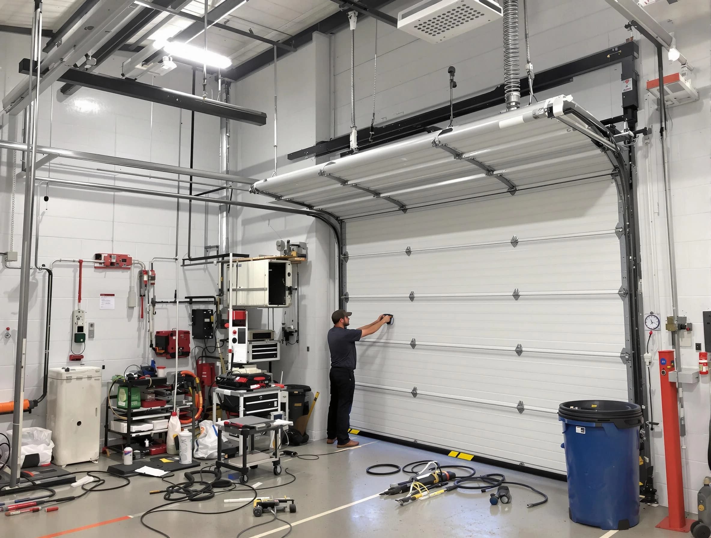 Clanton Garage Door Repair certified technician performing commercial door repair at a Clanton business facility