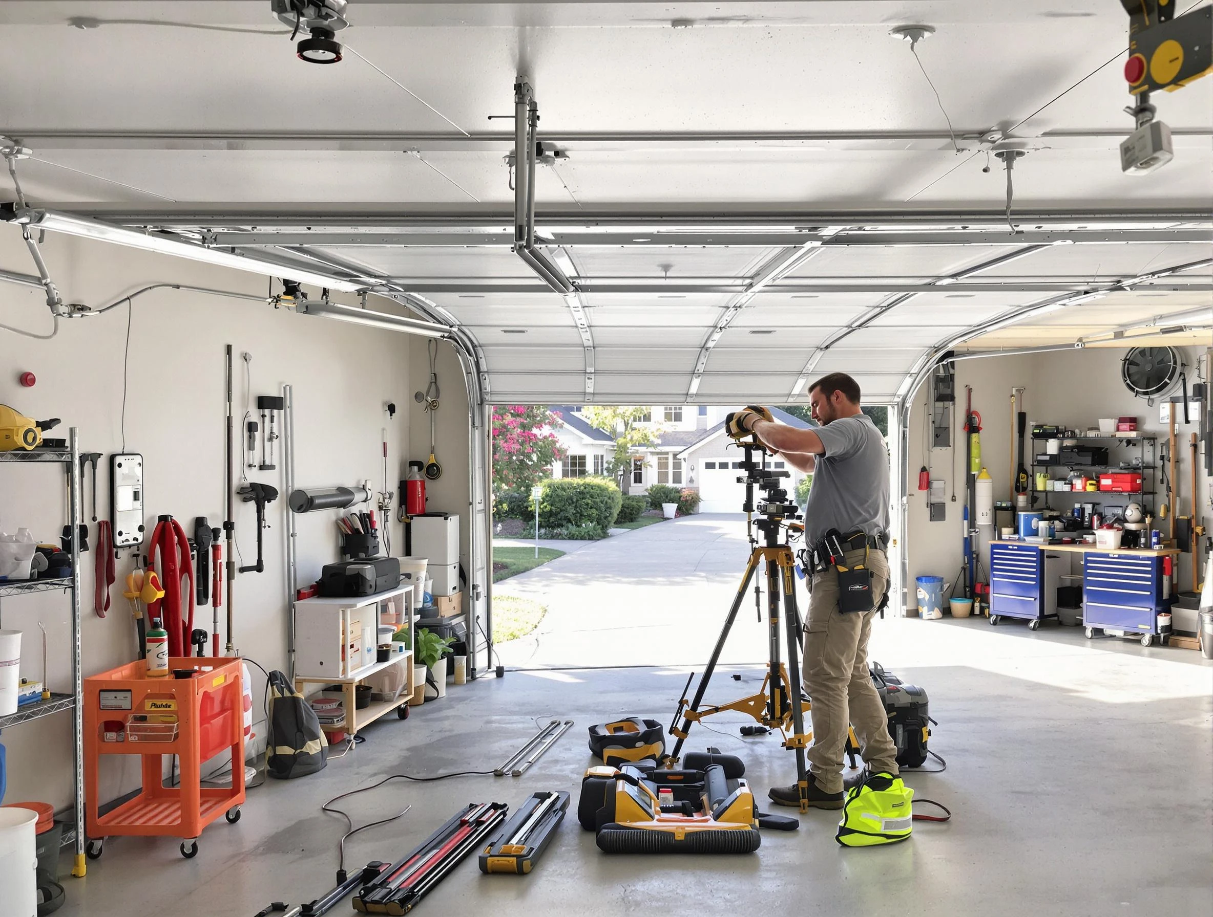 Clanton Garage Door Repair specialist performing laser-guided track alignment in Clanton